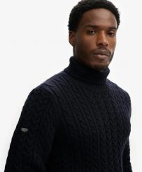 Superdry Sweter z warkoczami Jacob ze stójką — Ciepły komfort. Niebieskie swetry przez głowę męskie Superdry., l, bez wzorów, z materiału, bez kołnierzyka. Za 490.55 zł.