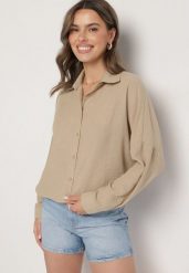 Beżowa Klasyczna Koszula o Kroju Oversize Maronira. Brązowe bluzki damskie Born2be, m, bez wzorów, z jeansu, klasyczne, bez kołnierzyka, bez ramiączek. Za 69.99 zł.