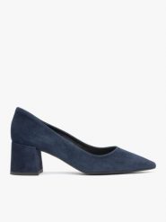 Granatowe czółenka na słupku. Niebieskie czółenka damskie Ryłko, bez wzorów, z gumy, eleganckie, bez obcasa, na słupku, bez zapięcia. Za 379.99 zł.