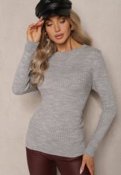 Szary Casualowy Sweter z Prążkowanego Materiału Zintra. Szare swetry damskie Renee, m, bez wzorów, z jeansu, casualowe, bez kołnierzyka, bez ramiączek, długie, bez kaptura. Za 69.99 zł.