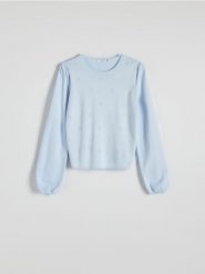 Sweter z ozdobnymi aplikacjami - jasnoniebieski. Niebieskie swetry damskie Reserved, l, z aplikacjami, z dzianiny, bez kołnierzyka, bez ramiączek, bez kaptura. W wyprzedaży za 39.99 zł.