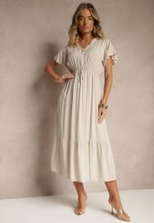 Beżowa Rozkloszowana Sukienka z Bawełny Zdobiona Guzikami Folennea. Brązowe sukienki damskie Renee, na co dzień, l, z aplikacjami, z bawełny, eleganckie, bez kołnierzyka, bez ramiączek, midi, rozkloszowane. Za 54.99 zł.
