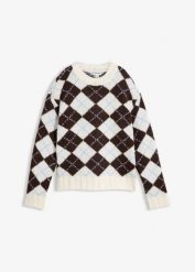 Sweter w norweski wzór. Niebieskie swetry damskie bonprix, bez wzorów, z dzianiny, bez kołnierzyka, bez ramiączek, bez kaptura. Za 169.99 zł.