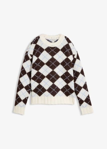 Sweter w norweski wzór. Niebieskie swetry damskie bonprix, bez wzorów, z dzianiny, bez kołnierzyka, bez ramiączek, bez kaptura. Za 169.99 zł.