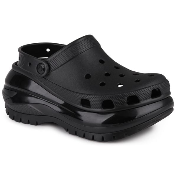 Klapki chodaki damskie sportowe Crocs MEGA CRUSH. Czarne klapki damskie Crocs, bez wzorów, z jeansu, klasyczne, bez obcasa, na platformie. Za 279.00 zł.