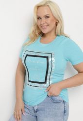 Jasnoniebieski Bawełniany T-shirt Koszulka z Krótkim Rękawem Ozdobiona Nadrukiem i Cyrkoniami Codara. Niebieskie bluzki damskie Born2be, l, bez wzorów, z bawełny, bez kołnierzyka. Za 34.99 zł.