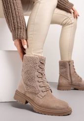Beżowe Botki Workery z Ozdobnym Futerkiem Sinuas. Brązowe botki damskie Renee, na jesień, bez obcasa, na płaskiej podeszwie, bez zapięcia. Za 159.99 zł.