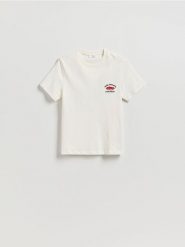 T-shirt z nadrukiem i haftem - złamana biel. T-shirty damskie Reserved, l, bez wzorów, z bawełny, bez kołnierzyka. W wyprzedaży za 35.99 zł.
