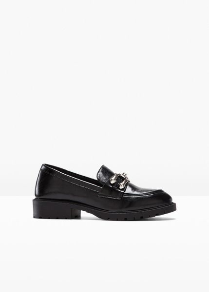 Loafersy. Czarne czółenka damskie bonprix, bez wzorów, bez obcasa, bez zapięcia. Za 149.99 zł.