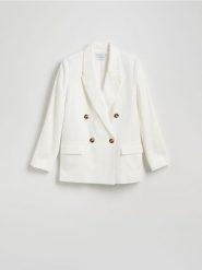 Lniana marynarka - złamana biel. Żakiety damskie Reserved, l, bez wzorów, z tkaniny. W wyprzedaży za 199.99 zł.