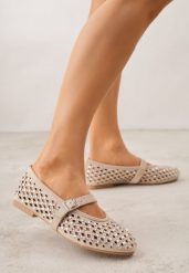 Ciemnobeżowe Ażurowe Balerinki z Paskiem z Klamerką i Cyrkoniami Feanoene. Brązowe baleriny damskie Born2be, w ażurowe wzory, z jeansu, biznesowe, bez obcasa. Za 99.99 zł.