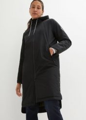 Nieprzemakalny płaszcz przeciwdeszczowy watowany w długości midi. Czarne kurtki damskie bonprix, bez wzorów, bez kaptura. Za 429.99 zł.