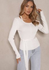 Biały Wiskozowy Sweter Wiązany w Talii z Asymetrycznym Dekoltem Kornelita. Białe swetry damskie Renee, m, bez wzorów, z jeansu, casualowe, z asymetrycznym kołnierzem, bez ramiączek, długie, bez kaptura. Za 74.99 zł.