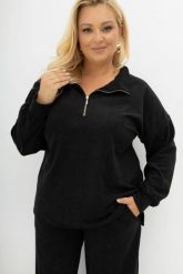 Oversizowa prążkowana czarna bluza Good Day Ahead z kołnierzem i zamkiem Plus Size Oversize. Czarne bluzy sportowe damskie Moda Size Plus Iwanek, l, bez wzorów, z dzianiny, bez kaptura, trekkingowe. Za 219.90 zł.