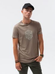 T-shirt męski z nadrukiem - brązowy V-25C S1434 - XXL. Brązowe t-shirty męskie Ombre Clothing, m, bez wzorów, z bawełny, klasyczne, bez kołnierzyka. W wyprzedaży za 29.99 zł.
