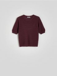 Ażurowa bluzka - ciemnofioletowy. Fioletowe bluzki damskie Reserved, l, w ażurowe wzory, z bawełny, bez kołnierzyka, bez ramiączek. W wyprzedaży za 69.99 zł.