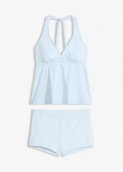Tankini z dekoltem typu halter i spodenkami bikini (2 części). Niebieskie bikini damskie bonprix, bez wzorów. Za 74.99 zł.