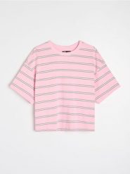 Bawełniana koszulka w paski - begonia. T-shirty damskie Sinsay, l, bez wzorów, z bawełny, bez kołnierzyka. Za 29.99 zł.