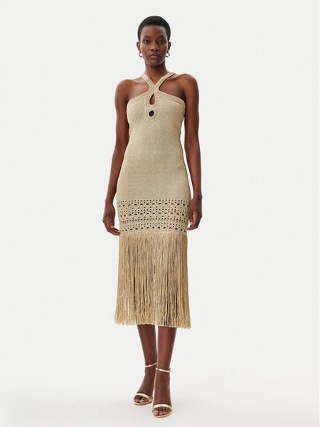 Simona Corsellini Sukienka dzianinowa P25CPABO0401 Beżowy Slim Fit. Brązowe sukienki damskie SIMONA CORSELLINI, bez wzorów, z dzianiny, bez kołnierzyka, bez ramiączek. Za 519.99 zł.