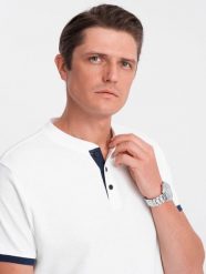 Ombre Koszulka męska polo bez kołnierzyka - biała V1 OM-TSCT-0156 L. Białe koszulki polo męskie Ombre, l, bez wzorów, bez ramiączek. Za 79.99 zł.