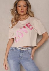Ciemnobeżowy Krótki T-shirt Oversize z Bawełny z Ozdobnym Napisem Sanillva. Brązowe bluzki damskie Renee, m, bez wzorów, z bawełny, bez kołnierzyka. Za 39.99 zł.