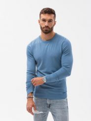 Sweter męski klasyczny z wiskozą BASIC z okrągłym dekoltem – błękitny V10 - Rozmiar: XL. Niebieskie swetry przez głowę męskie Ombre Clothing, m, bez wzorów, z wiskozy, bez kołnierzyka. W wyprzedaży za 89.99 zł.