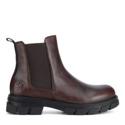 Botki Rieker. Brązowe botki damskie Rieker, bez obcasa, na płaskiej podeszwie, bez zapięcia. Za 419.99 zł.