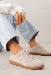 Beżowe Skórzane Sneakersy na Płaskiej Podeszwie Ozdobione Paskami Nelavirae. Brązowe obuwie sportowe damskie Born2be, z aplikacjami, z jeansu, tenisowe. Za 229.99 zł.