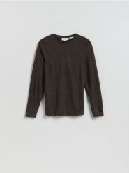 Lniany longsleeve - ciemnobrązowy. Brązowe bluzki z długim rękawem męskie Reserved, l, bez wzorów, z dzianiny, bez kołnierzyka. Za 179.99 zł.