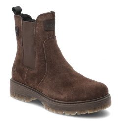 Botki damskie Rieker zapinane na suwak z elastycznymi wstawkami ocieplanym wnętrzem i masywną podeszwą brązowe, 75860-25 Brown. Brązowe kozaki damskie Rieker, z jeansu, bez obcasa. Za 429.00 zł.