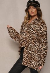 Brązowa Koszula Oversize z Wiskozy z Lnem Sanalinae. Brązowe bluzki damskie Renee, bez wzorów, z jeansu, eleganckie, bez kołnierzyka, bez ramiączek. Za 69.99 zł.
