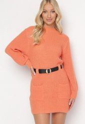 Pomarańczowa Dzianinowa Sukienka Mini w Prążki z Paskiem Milane. Brązowe sukienki damskie Born2be, na zimę, bez wzorów, z dzianiny, bez kołnierzyka, bez ramiączek, mini. Za 89.99 zł.