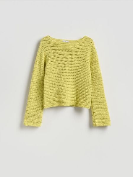 Sweter z luźnym splotem - zielony. Zielone swetry damskie Reserved, l, bez wzorów, z bawełny, bez kołnierzyka, bez ramiączek, bez kaptura. W wyprzedaży za 49.99 zł.
