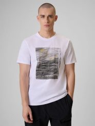 4F T-shirt regular z nadrukiem męski - biały M. Białe t-shirty męskie 4f, m, bez wzorów, z bawełny, klasyczne, bez kołnierzyka. Za 79.99 zł.