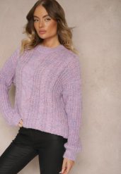 Fioletowy Sweter z Wełną Ozdobiony Tłoczeniem Ecrisevia. Fioletowe swetry damskie Renee, bez wzorów, z jeansu, casualowe, bez kołnierzyka, bez ramiączek, bez kaptura. Za 69.99 zł.