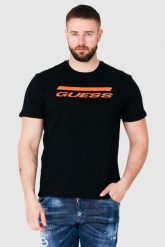 GUESS Czarny t-shirt męski z pomarańczowym logo. Czarne t-shirty męskie Guess, m, z aplikacjami, bez kołnierzyka. W wyprzedaży za 119.99 zł.
