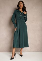 Zielona Koszulowa Sukienka o Rozkloszowanym Kroju z Gumką w Pasie i Imitacją Kieszeni Etaviela. Zielone sukienki damskie Renee, na co dzień, l, bez wzorów, eleganckie, bez kołnierzyka, bez ramiączek, kopertowe. Za 149.99 zł.