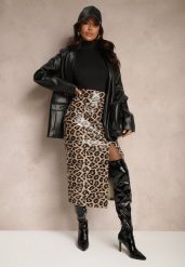Brązowa Ołówkowa Spódnica High Waist w Panterkę z Rozcięciem Tamionwea. Brązowe spódnice damskie Renee, l, bez wzorów, eleganckie, z podwyższonym stanem, midi, koszulowe. Za 139.99 zł.