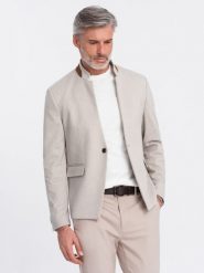 Melanżowa męska marynarka z dodatkiem rayonu ze stójką – beżowy melanż V3 OM-BLZB-0131 - XXL. Brązowe marynarki męskie Ombre Clothing, bez wzorów, z materiału, casualowe. Za 257.99 zł.
