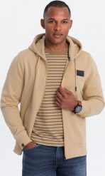 Ombre Męska rozpinana dresowa bluza z kapturem i patchem piaskowa V2 OM-SSZP-0140 L. Bluzy męskie Ombre, l, bez wzorów, z dresówki, z kapturem. Za 199.99 zł.