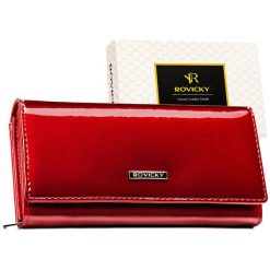 Duży, czerwony portfel damski ze skóry naturalnej i ekologicznej wyposażony w system RFID - Rovicky. Czerwone portfele damskie ROVICKY, bez wzorów, ze skóry. Za 89.99 zł.
