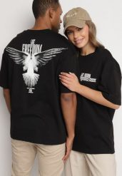 Czarna Koszulka T-shirt z Ozdobnym Napisem i Nadrukiem na Plecach Ballis. Czarne bluzki damskie Born2be, l, bez wzorów, z jeansu, bez kołnierzyka. Za 39.99 zł.