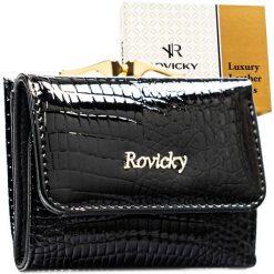 Mały, czarny portfel damski ze skóry naturalnej z systemem RFID - Rovicky. Czarne portfele damskie ROVICKY, bez wzorów, z lakierowanej skóry. Za 99.00 zł.