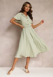 Zielona Retro Sukienka Midi z Plisowaniem i Paskiem na Klamrę Elinerise. Zielone sukienki damskie Renee, l, bez wzorów, retro, bez kołnierzyka, bez ramiączek, midi. Za 99.99 zł.