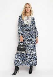 Granatowo-Niebieska Rozkloszowana Sukienka Maxi z Falbanką Tinamessa. Niebieskie sukienki damskie Born2be, l, bez wzorów, z materiału, bez kołnierzyka, bez ramiączek, maxi, rozkloszowane. Za 129.99 zł.