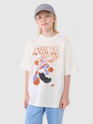 4F T-shirt oversize z nadrukiem chłopięcy - biały 134 (8-9 lat). Białe t-shirty dla chłopców 4f, bez wzorów, z bawełny, bez ramiączek. W wyprzedaży za 19.99 zł.