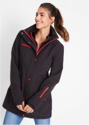 Długa kurtka softshell ze stretchem, odpychająca wodę. Czarne kurtki damskie bonprix, s, bez wzorów, z softshellu, długie, bez kaptura. Za 329.99 zł.