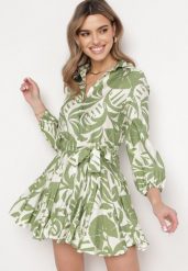 Zielona Rozkloszowana Sukienka Mini z Paskiem Zdobiona Abstrakcyjnym Wzorem Frelia. Zielone sukienki damskie Born2be, l, z aplikacjami, z materiału, bez kołnierzyka, bez ramiączek, mini, koszulowe. Za 159.99 zł.