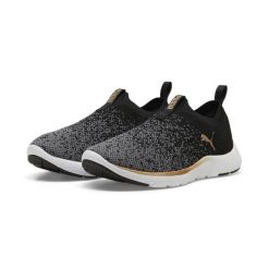 Damskie dzianinowe buty do biegania SOFTRIDE Remi PUMA Black Gold Cool Dark Gray. Czarne obuwie sportowe damskie Puma, bez wzorów, z dzianiny, do biegania. Za 279.00 zł.