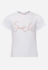 Biała Bawełniana Koszulka T-shirt z Brokatowym Napisem i Kwiatami 3D Azavia. Białe t-shirty i topy dla dziewczynek Born2be, z aplikacjami, z bawełny, bez ramiączek. Za 39.99 zł.